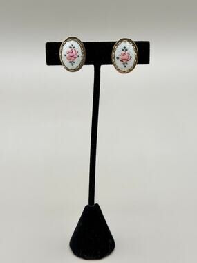 Vintage Coro Guilloche Enamel Hand painted Rose Screwback Earrings